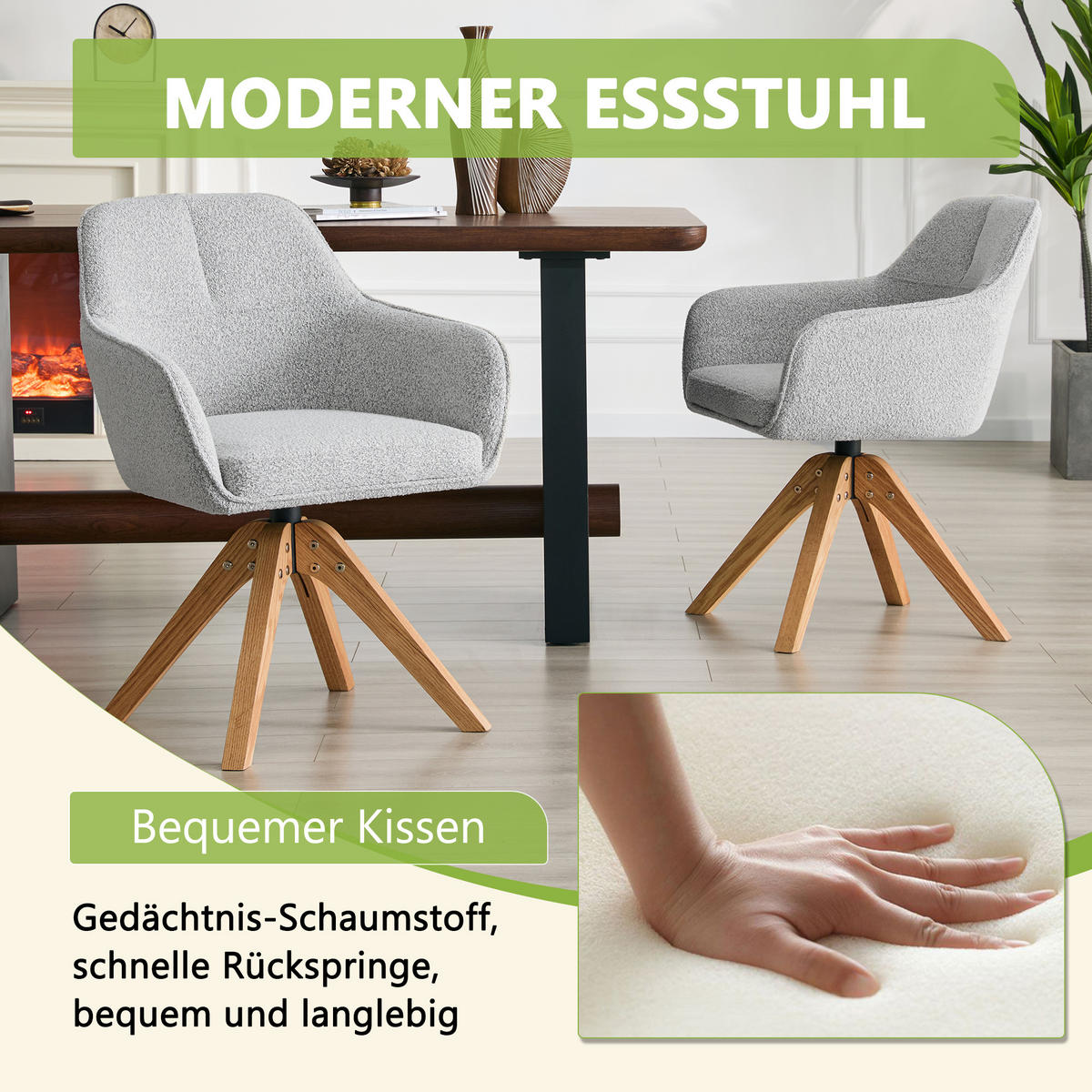 ARMLEHNSTUHL-SET DE-36640 2 Stück mit Stoffbezug und Massivholzbeinen Grau - Grau, Holz (46/82/58cm) - ComfortXL
