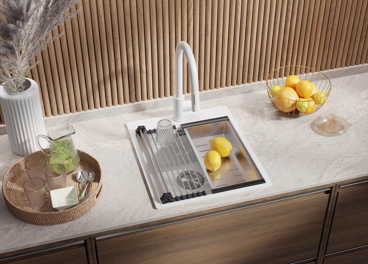 GRANITSPÜLE Oslo, 2-er set Weiß 43/50 cm 1 Becken + Küchenarmatur 32/20 cm + Ablauf-Set + Schneidebrett ab 45er Unterschrank - Chromfarben/Beige, Kunststoff (43/20/50cm) - Primagran