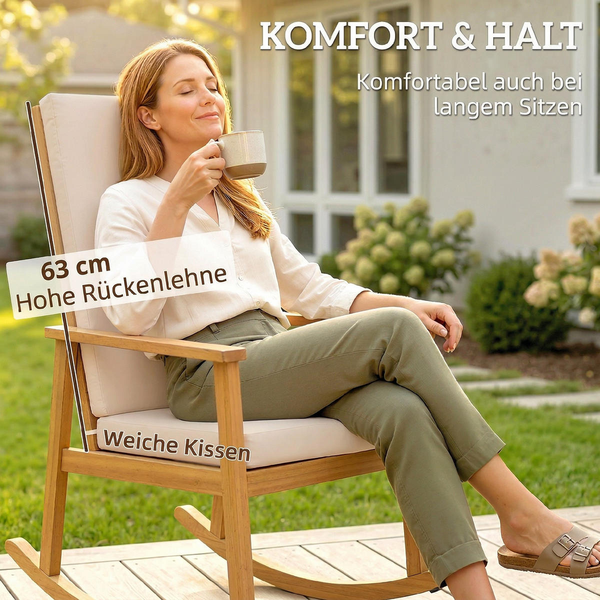 SCHAUKELSTUHL DE-07060 hohe Rückenlehne, inkl. Kissen, Beige - Beige, Holz (60/107/89cm) - ComfortXL