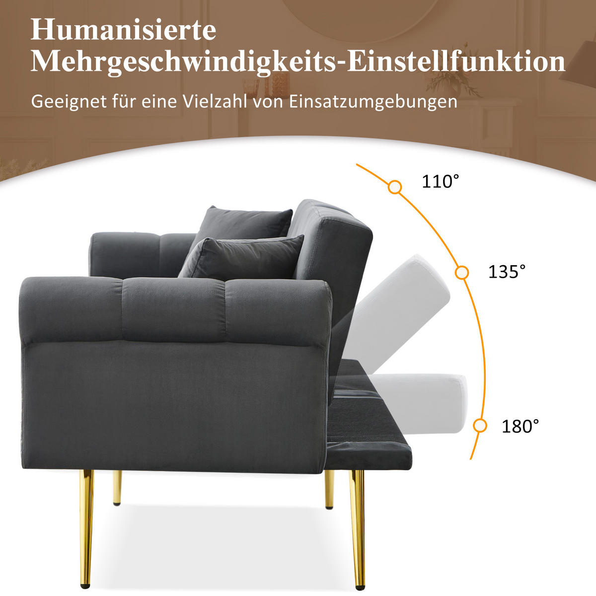 SOFA 2-Sitzer Schlaffunktion Samtbezug Verstellbare Lehne Metallfüße Kleinraum - Grau, Holz (89.54/19.81/77.47cm) - FLIEKS