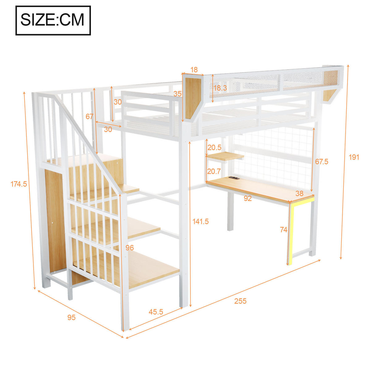 BÍLÁ kovová patrová postel (90/200 cm) s psacím stolem a úložným prostorem - bílá, kompozitní dřevo (90/200cm) - OKWISH