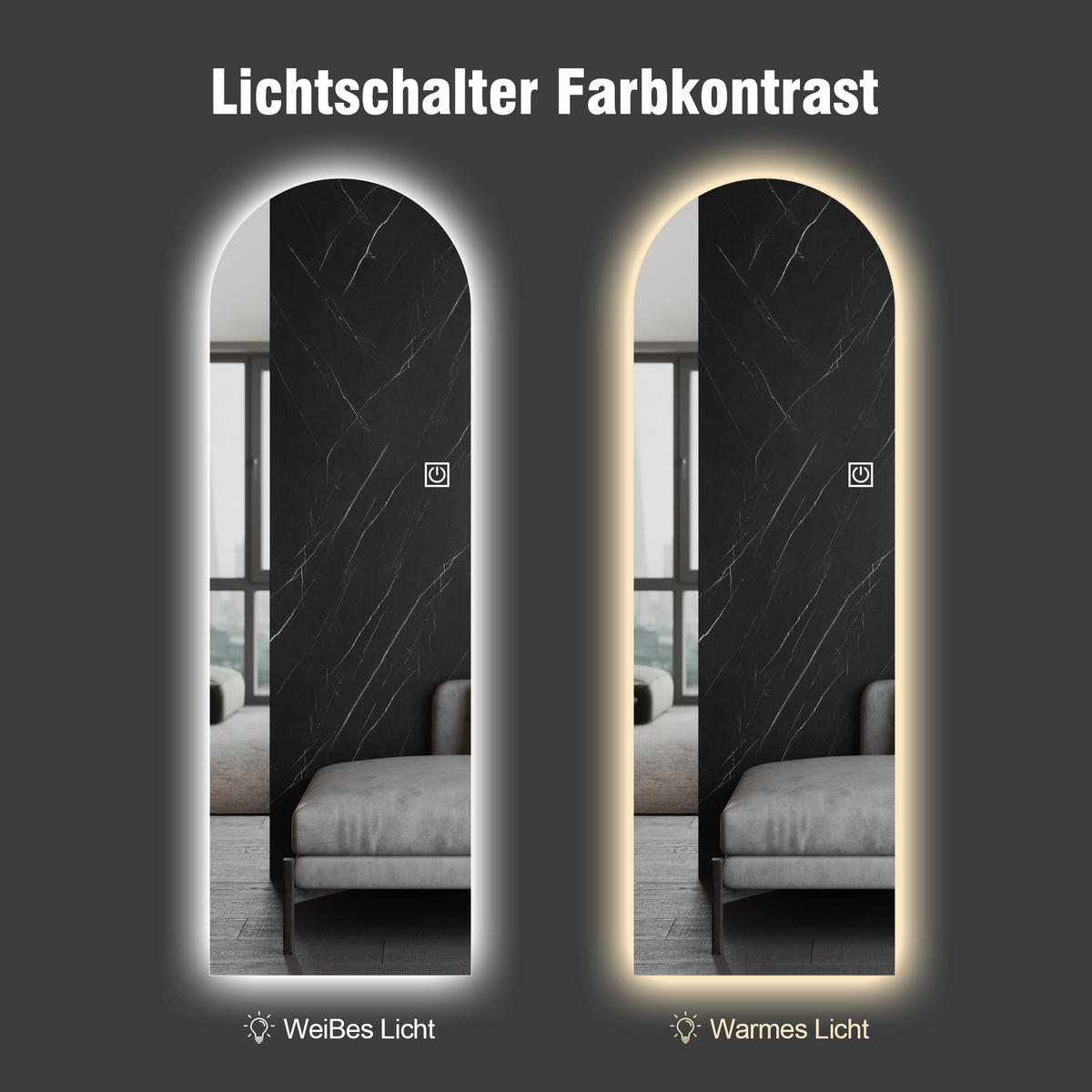 STANDSPIEGEL LED bogenförmig – Ganzkörperspiegel dimmbar, hochauflösend, bruchsicher, freistehend oder Wandmontage, hell beleuchtet - Silberfarben, Glas (50/3/165cm) - Ej. Life