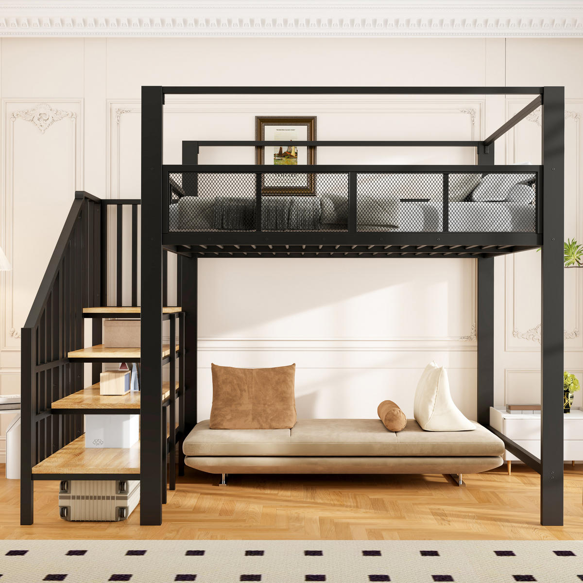 HOCHBETT Schwarz 140×200cm mit Baldachin, Stauraumtreppe und freier Arbeitsfläche unter dem Bett - Schwarz, Metall (140/200cm) - Luhomfu