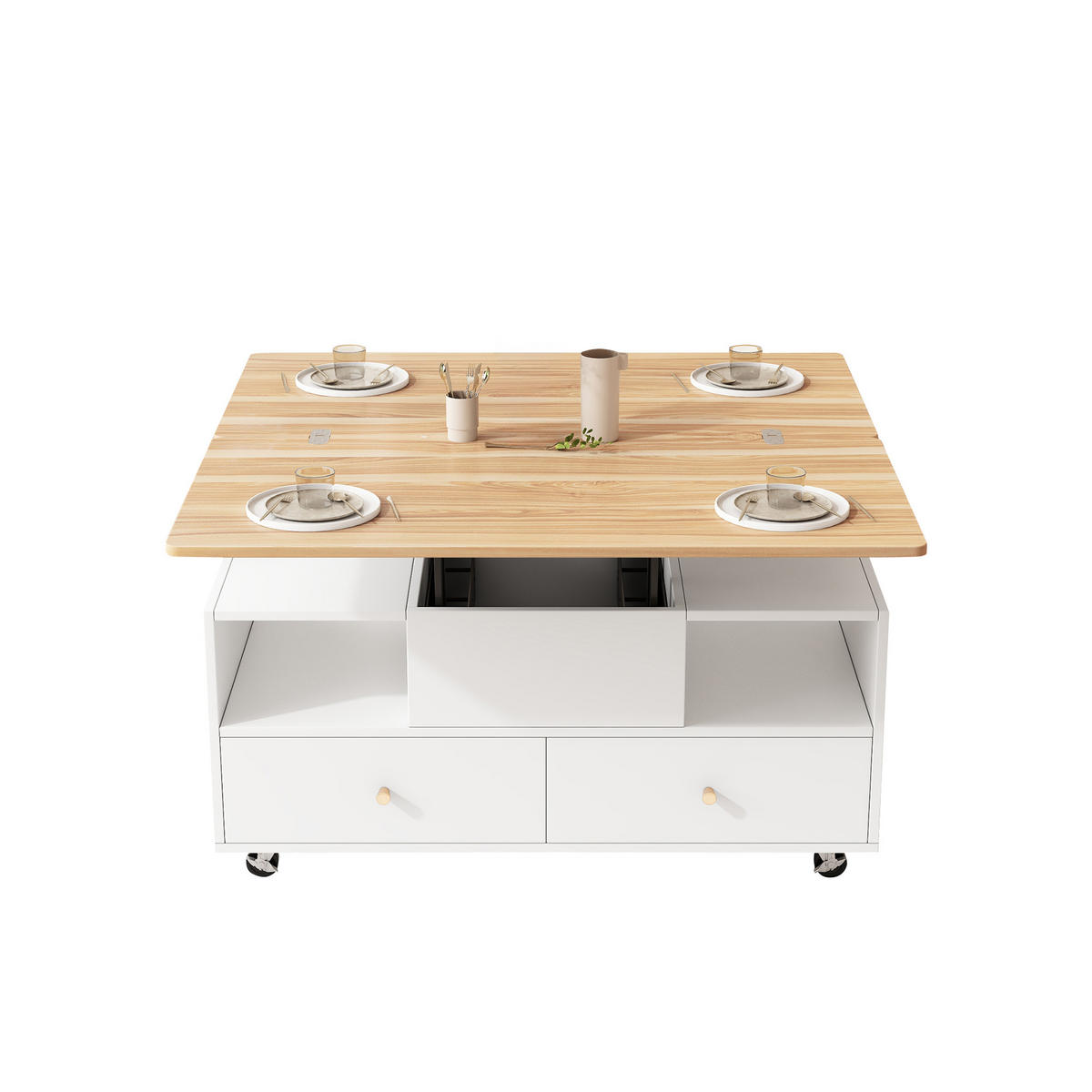 COUCHTISCH 100/50/47,5 cm mit klappbarer Oberfläche und 4 Schubladen, höhenverstellbar aus MDF in Holzfarbe - Naturfarben, Holzwerkstoff (100/50/47.5cm) - OKWISH