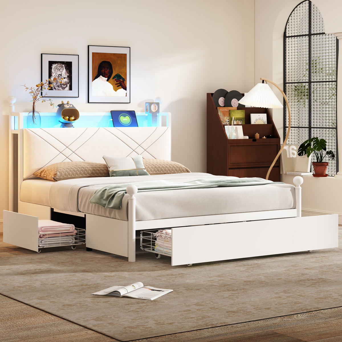 HIMMELBETT 140/190 cm DE-02090, in Weiß, mit Baldachin, LED, USB-C und 3 Schubladen - Weiß, Metall (140/190cm) - ComfortXL
