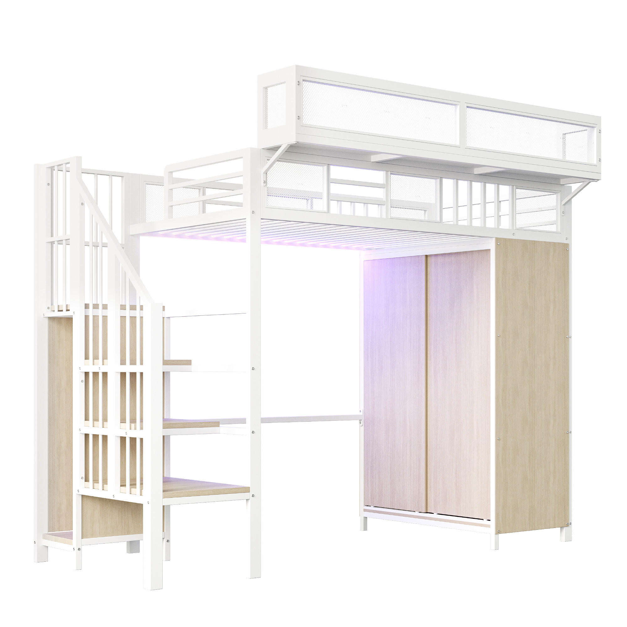 HOCHBETT 90/200 cm DE-01489, in Weiß, mit Kleiderschrank, Sicherheitsleiter und LED-Beleuchtung - Weiß, Metall (90/200cm) - ComfortXL