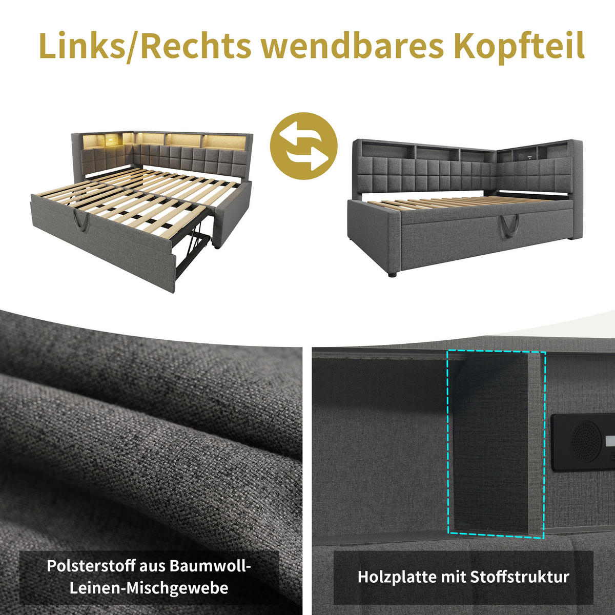 SCHLAFSOFA 90/200 cm & 90/190 cm in Grau Leinen mit Ausziehbett, LED und USB & Type-C - Grau, Holzwerkstoff/Textil (90/200cm) - WISHDOR