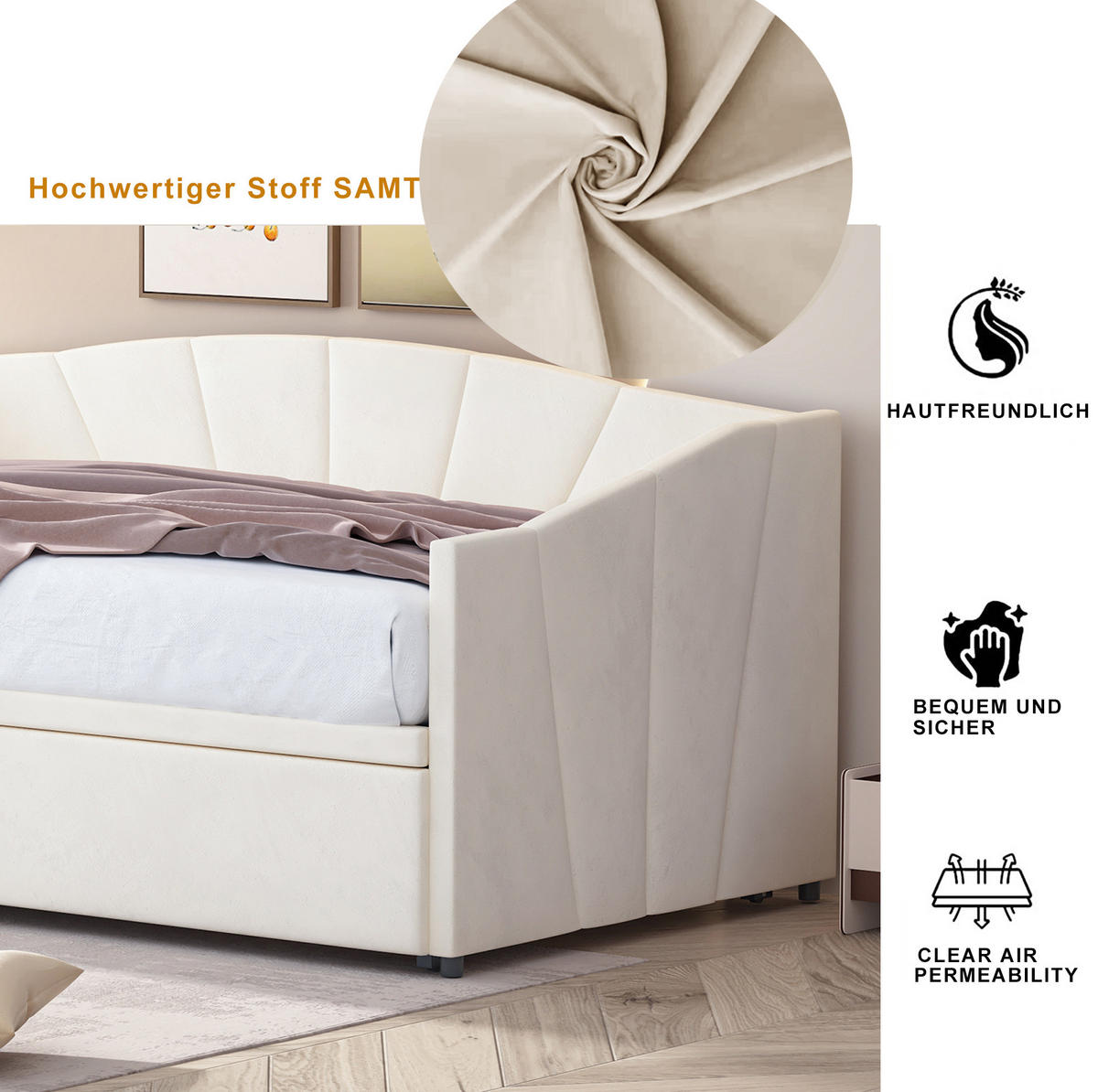 POLSTERBETT 90/200 cm aus Samt mit ausziehbarer Liegefläche Beige - Beige, Textil (90/200cm) - Modenvie