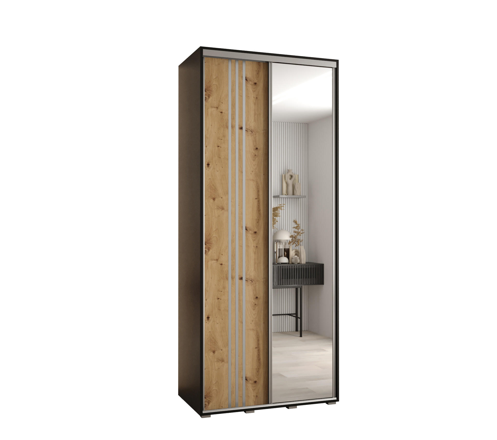 Abiks Möbel Schwebetürenschrank Schwarz, Eiche Artisan, Silber 120x235x45 cm