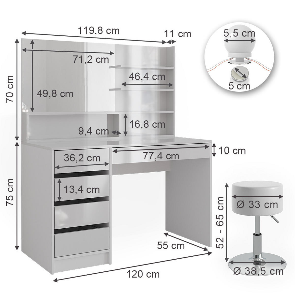 SCHMINKTISCH Sherry Weiß 145 cm mit LED Beleuchtung Hocker und Spiegelregal - Weiß, Holzwerkstoff (55/75/145cm) - Vicco