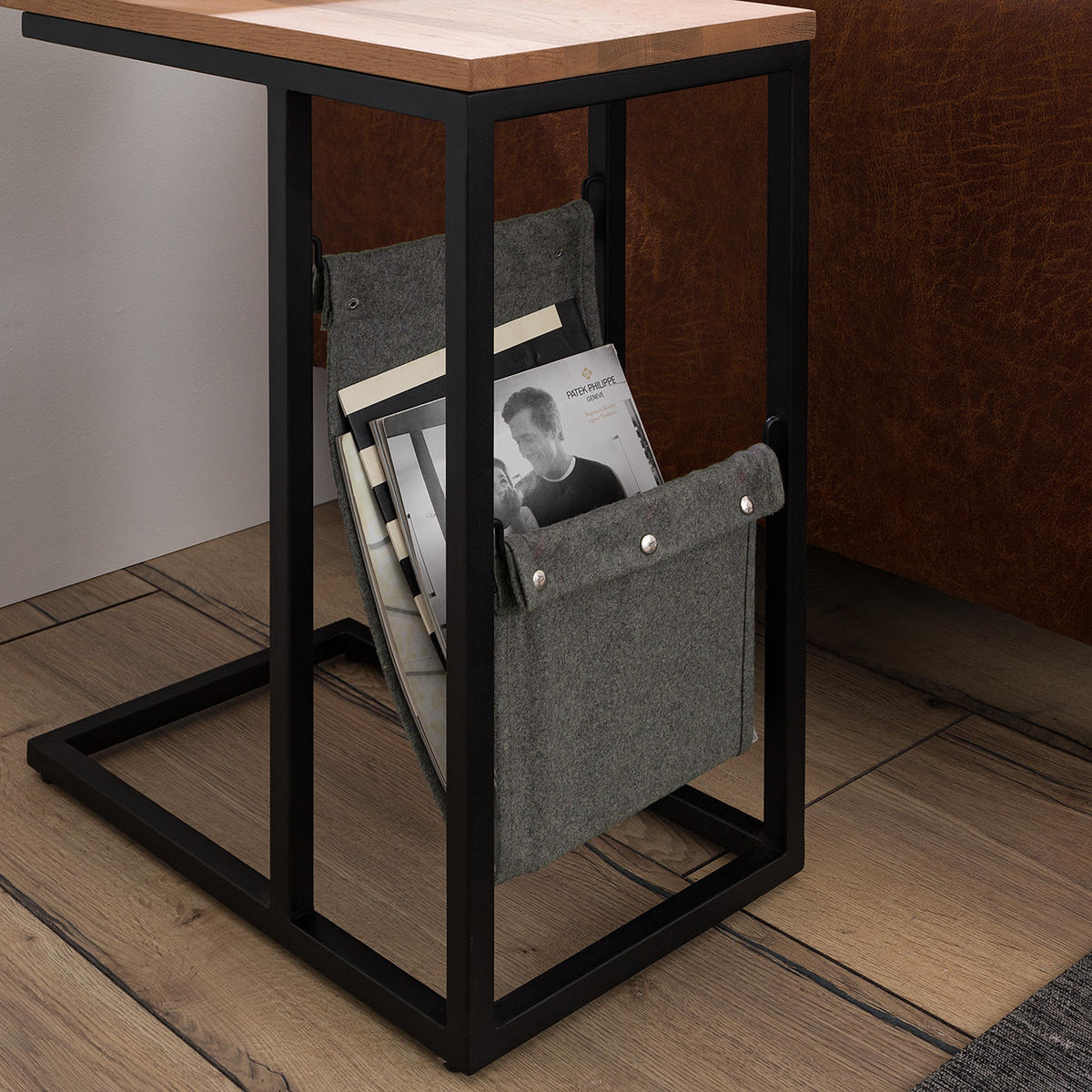 BEISTELLTISCH mit Ablage - Eiche massiv / Eisen - Eiche / Schwarz - Schwarz/Braun, Holz/Metall (30/50/60cm) - home24
