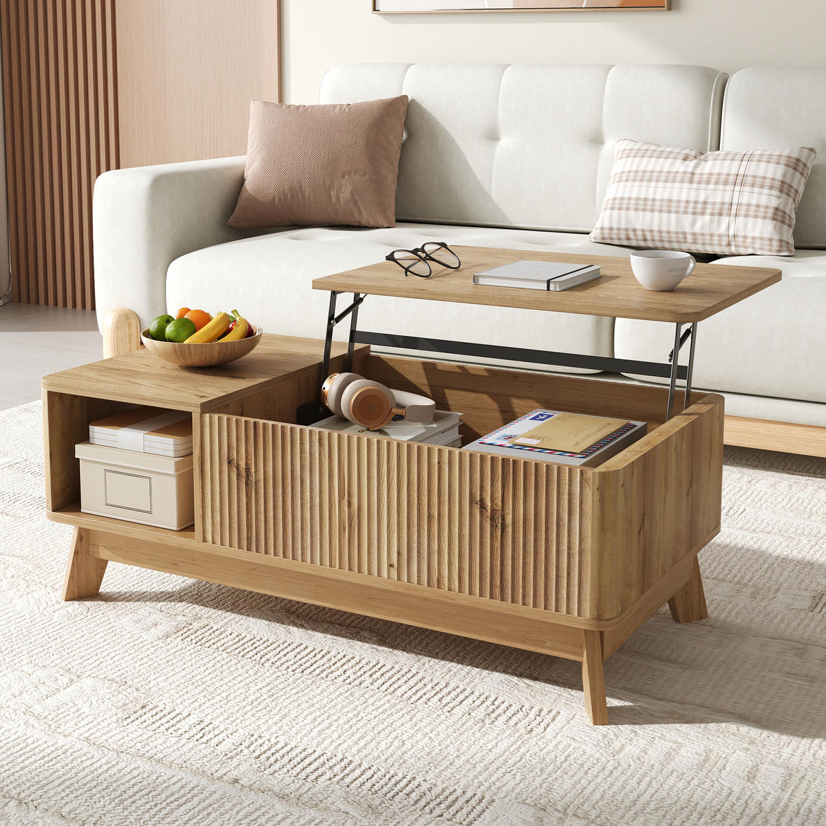 COUCHTISCH holzoptik & 3d-wellen-design mit lift-funktion & verstecktem stauraum - Naturfarben, Holzwerkstoff (48/95/50cm) - Urban Meuble