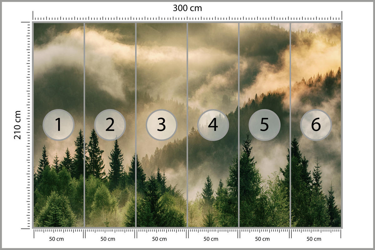 FOTOTAPETE für Wohnzimmer Neblige Landschaft Bergwald Nadelbäume 300x210 - Gelb/Orange, Papier (300/210cm) - Muralo
