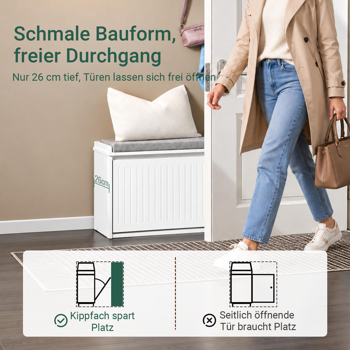 SCHUHBANK weiß mit Sitzpolster, 62 cm breit, 26 cm tief, bis 150 kg, Klappe mit Staufach - Weiß, Holzwerkstoff (62/46/26cm) - SoBuy