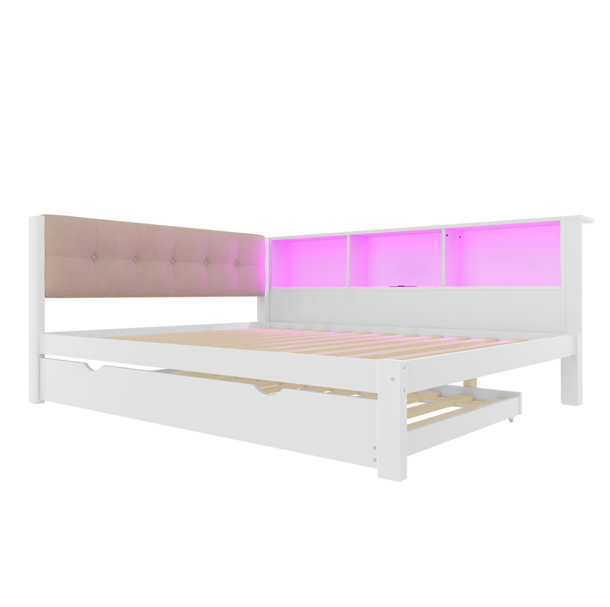 POLSTERBETT 140/200 cm mit Ausziehbett, LED-Beleuchtung, USB-Anschluss und Regal, Kiefer massiv/MDF, Weiß - Weiß, Holz (140/200cm) - Redom