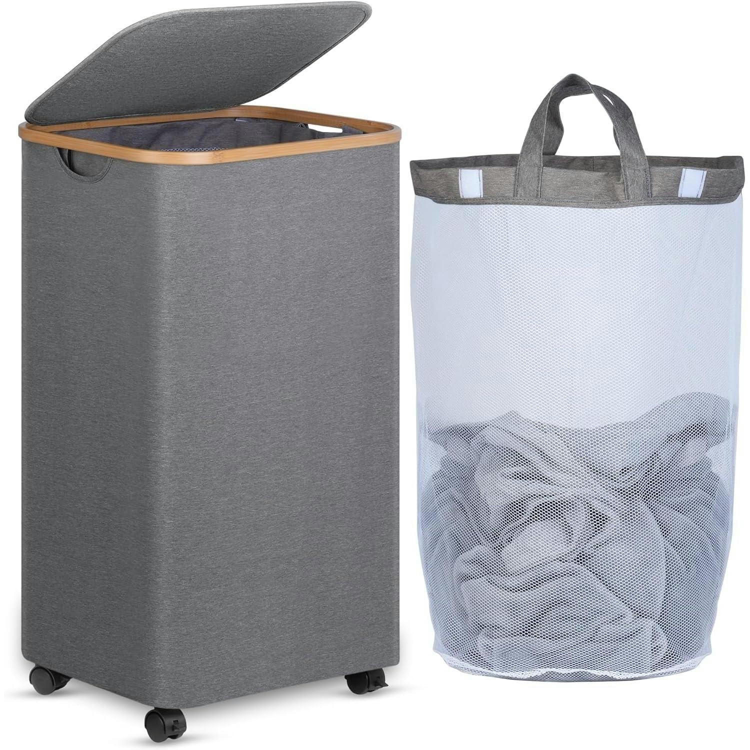 WÄSCHEKORB mit Rollen 100L Grau - Grau, Textil (33/75/44cm)