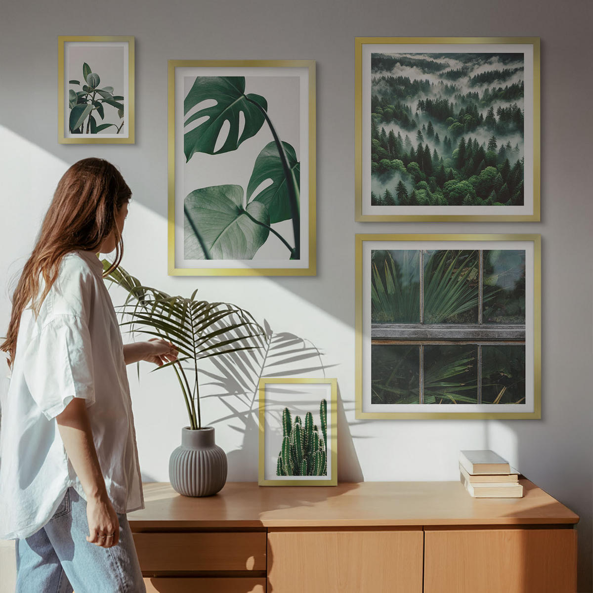 WANDBILDER 5er Set - 50x50 cm & 20x30 cm & 40x60 cm Goldrahmen - Ästhetik tropischer Pflanzen - Goldfarben, Kunststoff (40/60cm) - ArtPrintCave