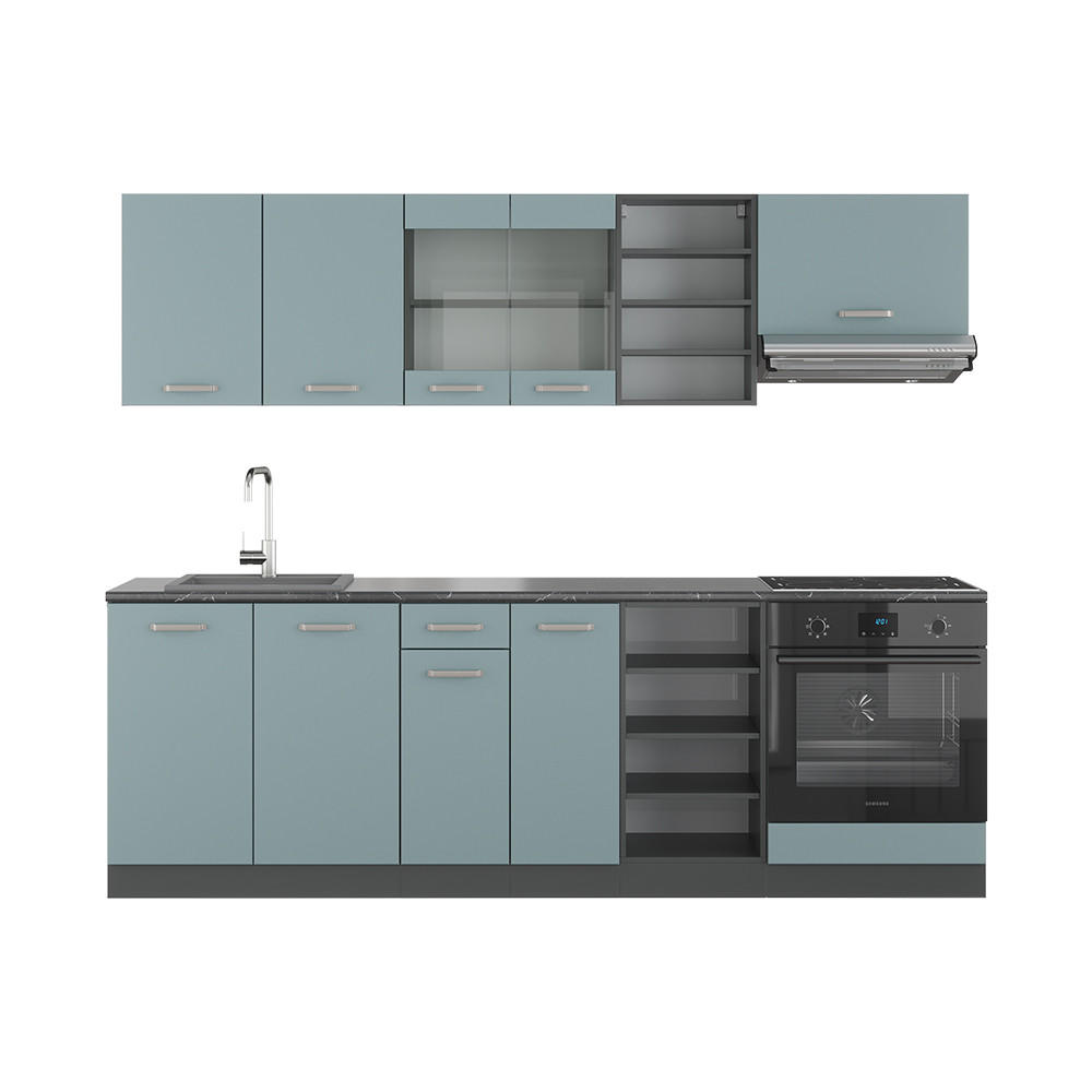 KÜCHENZEILE R-Line Blau-Grau/Anthrazit 240 cm ohne AP - Anthrazit/Blaugrau, Holzwerkstoff (240/81.6/46cm) - Vicco