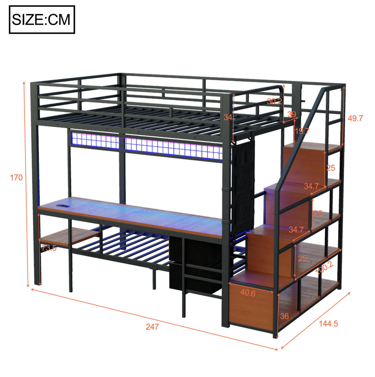 HOCHBETT mit Schreibtisch 140/200 cm in Schwarz – mit Unterbett 90/200 cm und Leiter - Schwarz, Metall (140/200cm) - BEAOK
