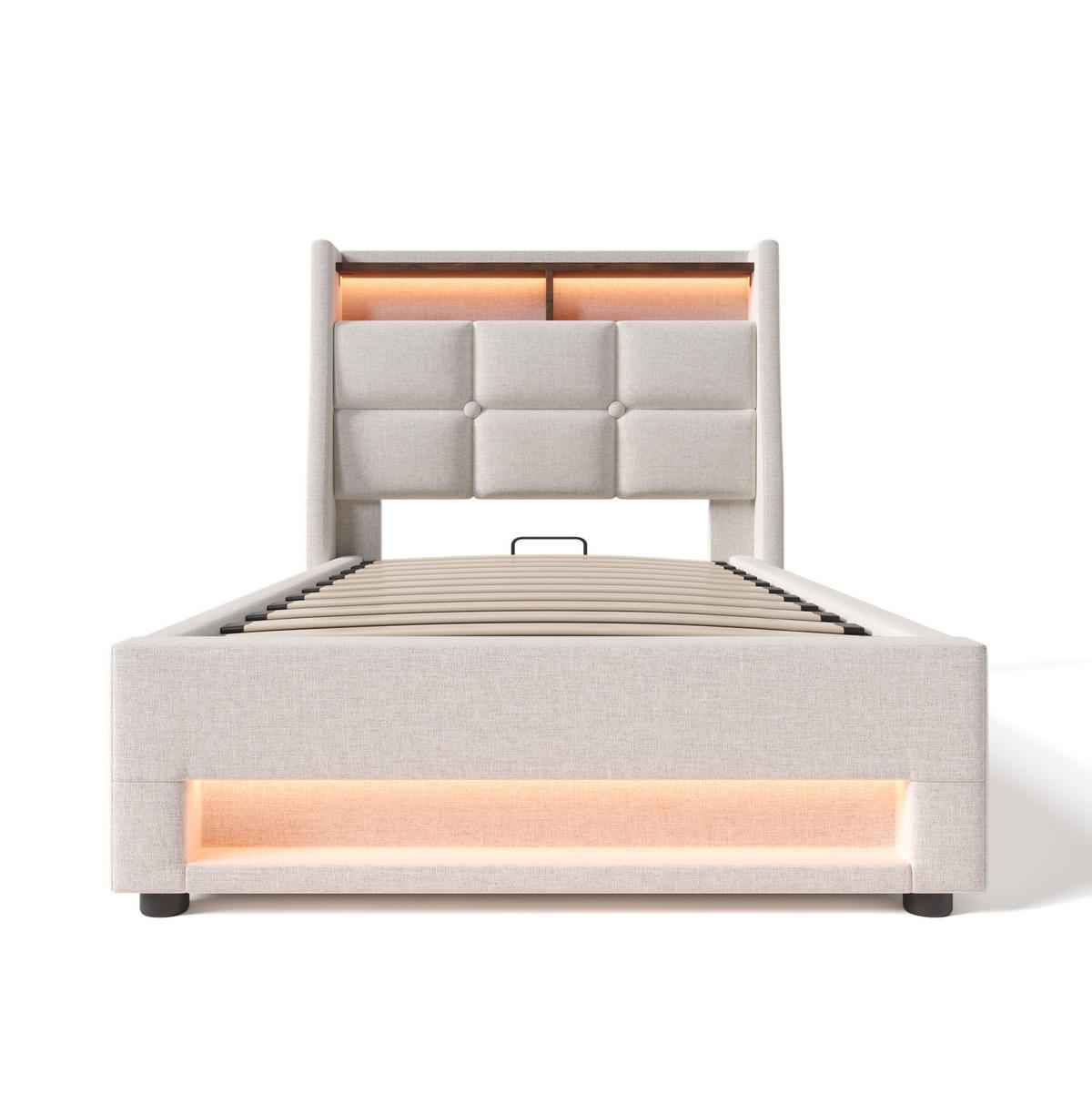 POLSTERBETT 90/200 cm Beige aus Leinen mit LED, USB und Bettkasten - Beige, Textil (90/200cm) - OKMYHOME
