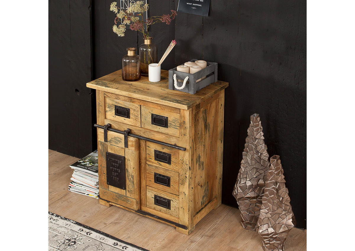 KOMMODE Mango 70x45x85 natur lackiert RAILWAY #111 - Naturfarben, Holz (70/85/45cm) - Massivmoebel24