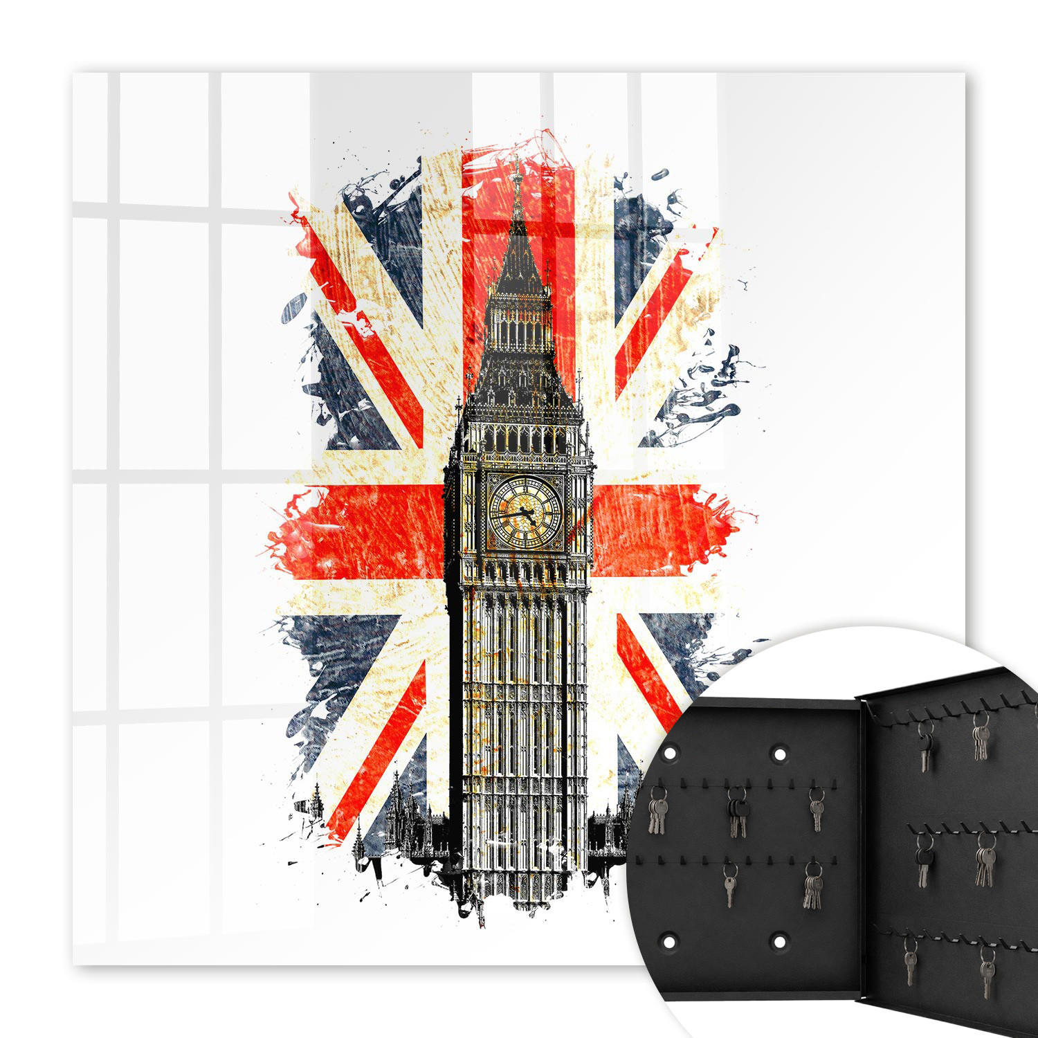 SCHLÜSSELBOX Schwarz 30x30 cm- Türöffnung nach rechts - Britisches Symbol - Rot, Metall (30/30/5cm) - TULUP