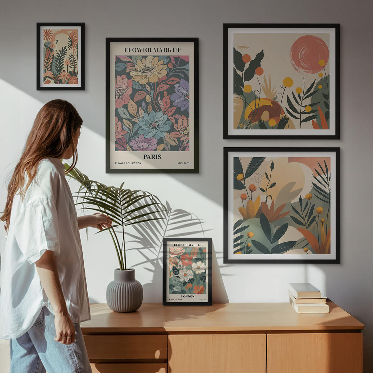 BILDER SET 5er Set - 50x50 cm & 20x30 cm & 40x60 cm Schwarzer Rahmen - Blumenposter Weinstadt - Schwarz, Kunststoff (40/60cm) - TULUP
