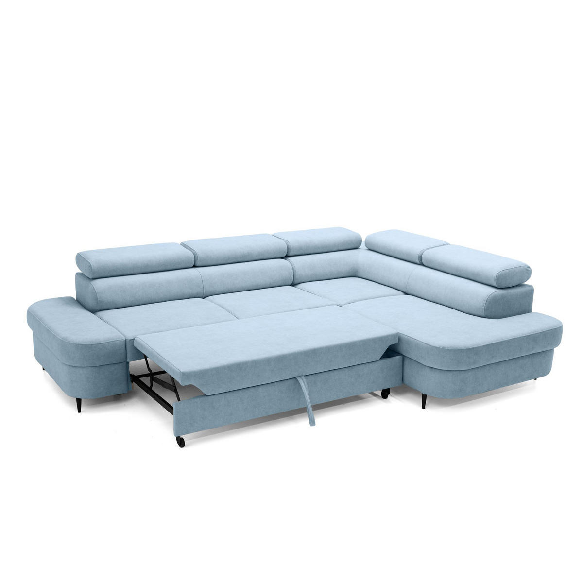 ECKSOFA PRIAM L Rechts mit Schlaffunktion 125x195 Velours Hellblau - Schwarz/Hellblau, Holz/Textil (203/275cm) - Muffo