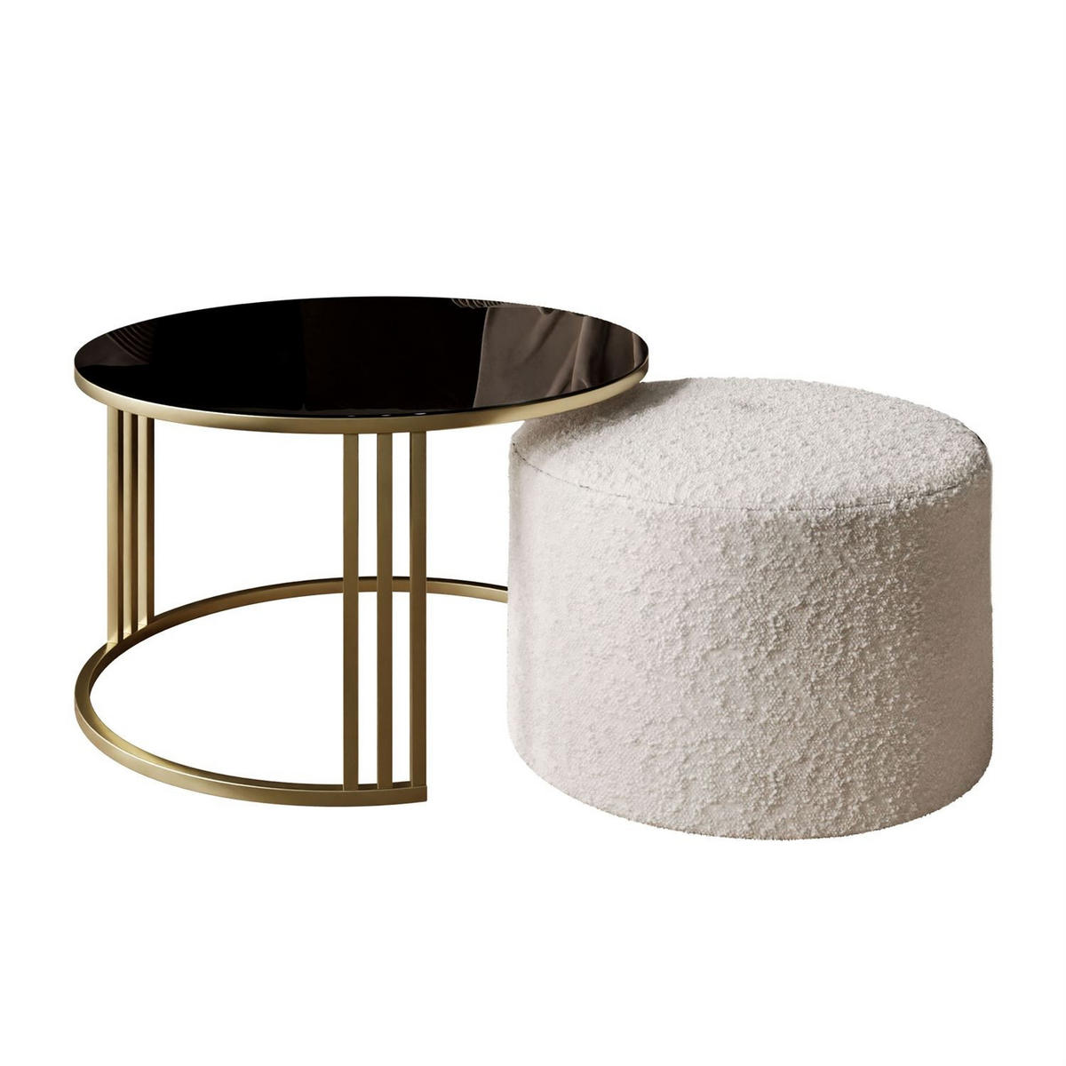 COUCHTISCH mit Hocker LORI GLASS gebürstetes Gold/schwarzes Glas/Coral 65 - Schwarz, Metall (70/70/49cm) - Lookway