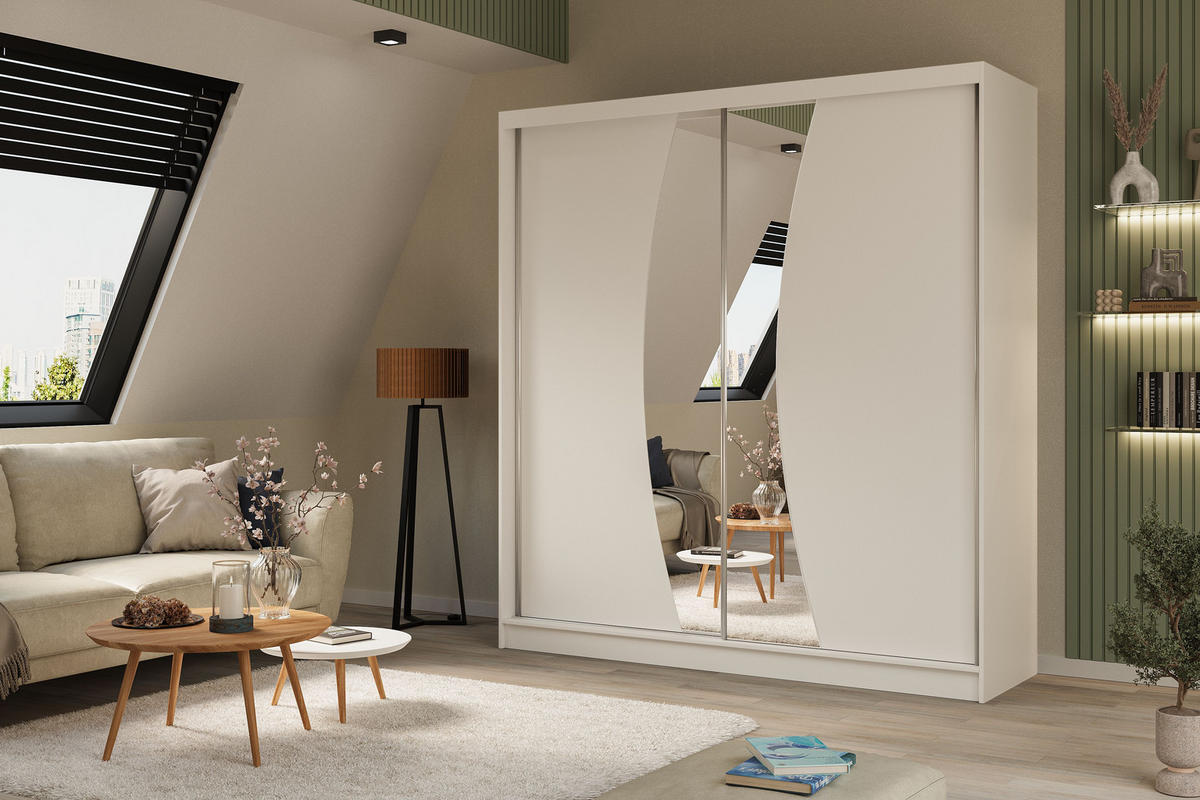 SCHWEBETÜRENSCHRANK VOCE 200/216/61 cm 2-türig mit Spiegel Weiß - Weiß, Holzwerkstoff (200/216/61cm) - MASSENO