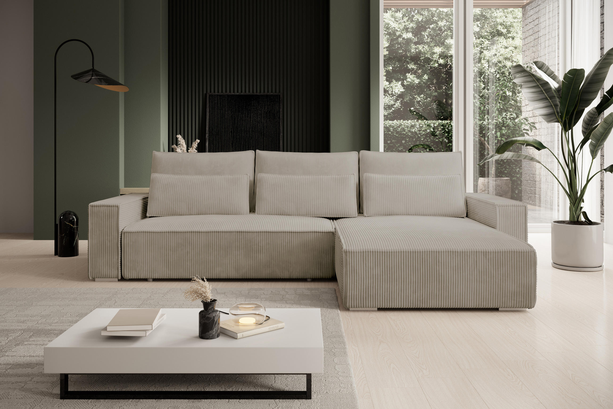 ECKSOFA Alice mit Bettkasten und Schlaffunktion, Cordstoff in L-Form - Beige, Textil (289/184cm)
