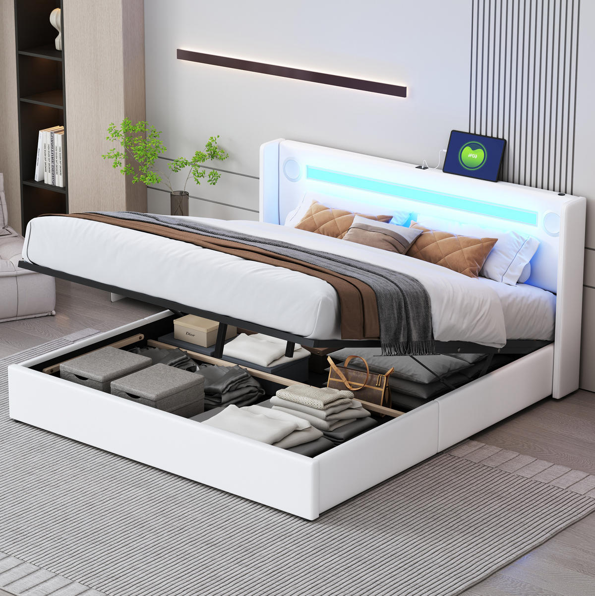 POLSTERBETT mit Bettkasten 160/200 cm in Weiß mit LED, Bluetooth und USB - Weiß, Kunststoff (160/200cm) - BEAOK