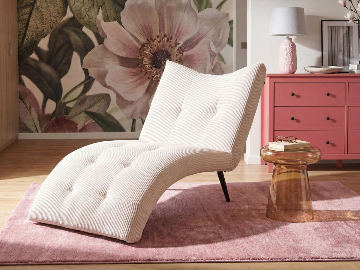 ČALOUNĚNÉ LEHÁTKO CHAISE LONGUE Manšestr Krémově bílé Quilly - bílá/černá, textil (83/97/153cm) - Beliani