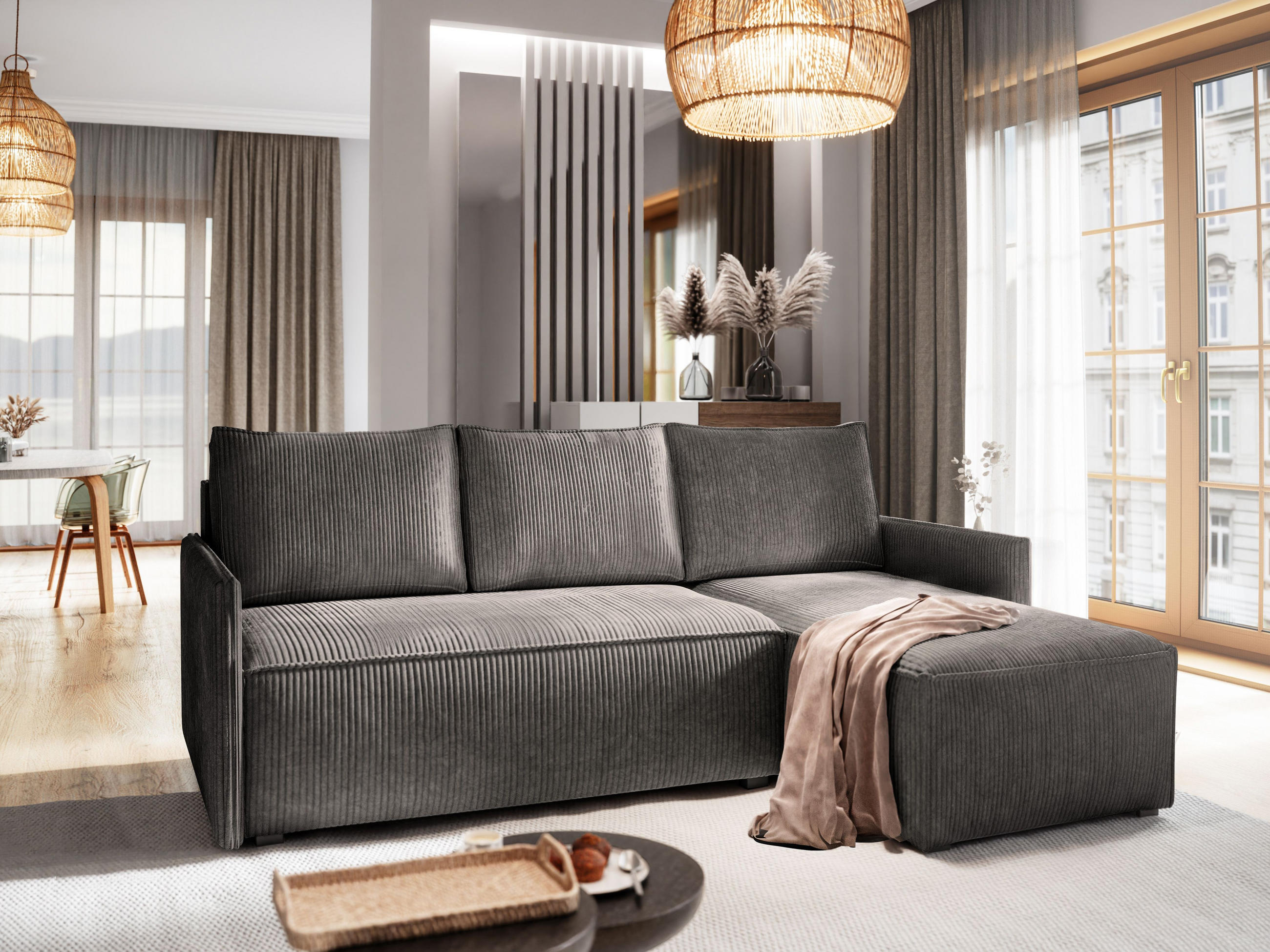 ECKSOFA PERUSI Graphitfarben Kordstoff mit Schlaffunktion - Graphitfarben, Holz (206/143cm) - MASSENO