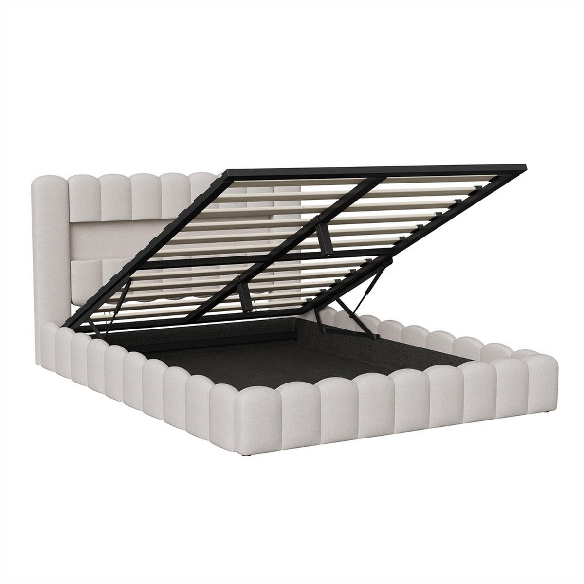 POLSTERBETT 140x200 cm mit hydraulischem Stauraum - LED-Beleuchtung - Gepolstertes Kopfteil - Leinenstoff - Beige - Beige, Textil (140/200cm) - DELFA