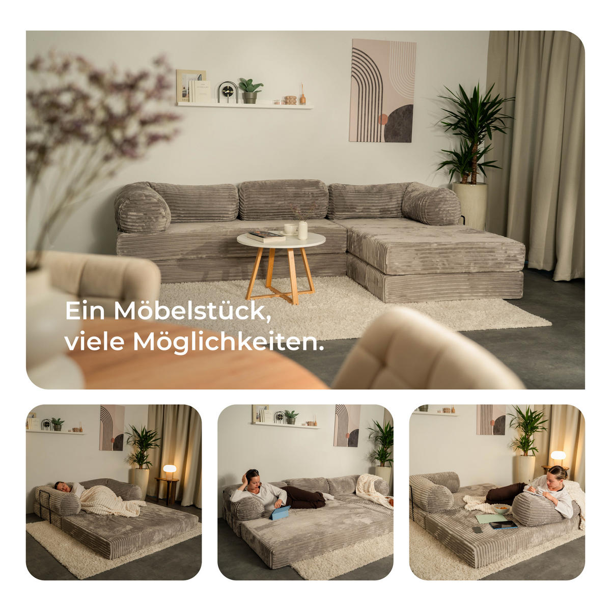 ECKSOFA ETERA modulares Boneless Sofa mit Schlaffunktion Orange Cordstoff - Orange, Textil (270/160cm) - MASSENO