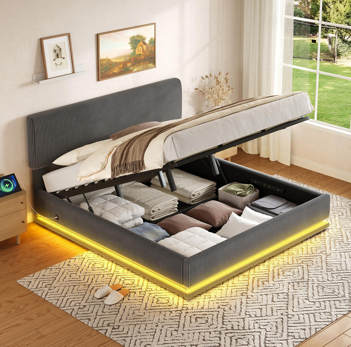 BETT mit LED und USB-C 160x200 cm Cord Dunkelgrau - Dunkelgrau, Metall (160/200cm) - Meubliv
