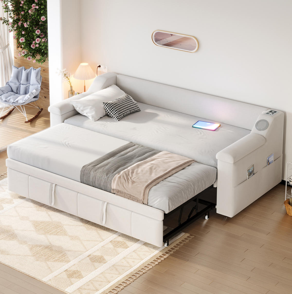 ČALÚNENÁ posteľ 90/180x190 cm s hydraulickým vysúvaním, Bluetooth stereo, USB a úložnými priehradkami, Béžová - béžová, textil (90/190cm) - Redom