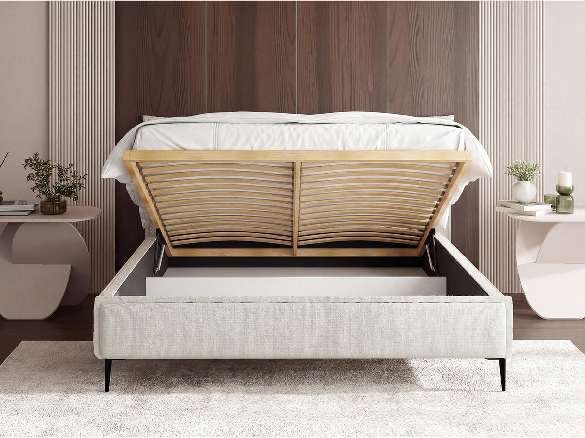 POLSTERBETT Pillow Rise mit Bettkasten, Lattenrost & hohen Metallfüßen in Weiß Chenille 120x200 cm - Birkefarben/Schwarz, Holz/Holzwerkstoff (120/200cm) - WFL GROUP