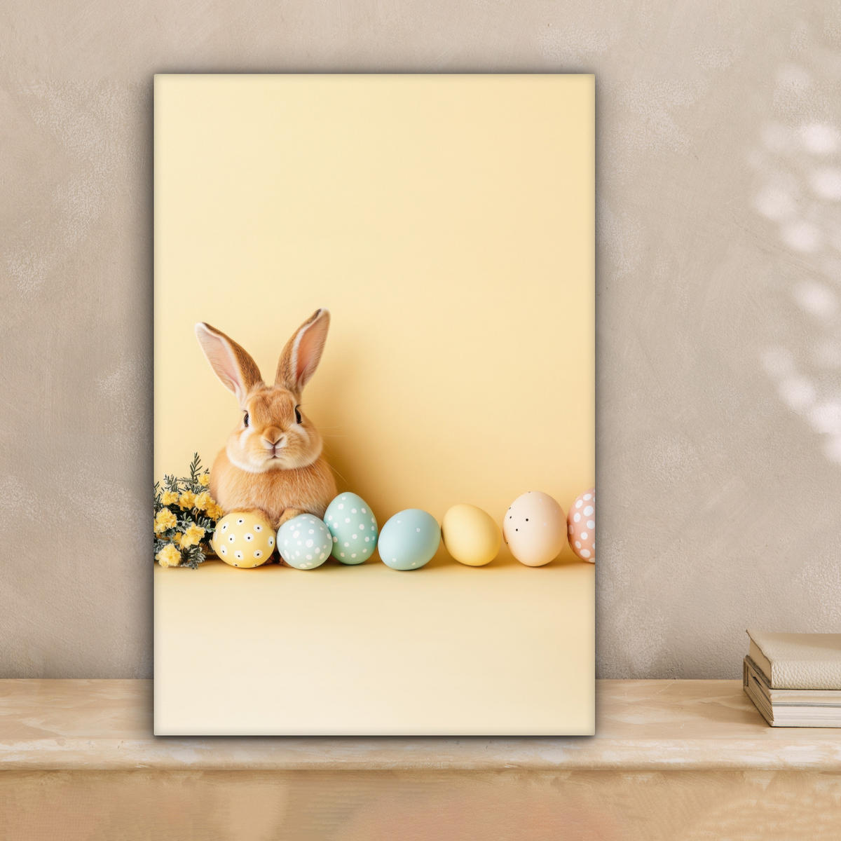 LEINWANDBILD Eier - Kaninchen - Pastellfarbtöne Deko Wohnzimmer 20x30 cm - Hellgelb, Textil (20/30cm) - MuchoWow