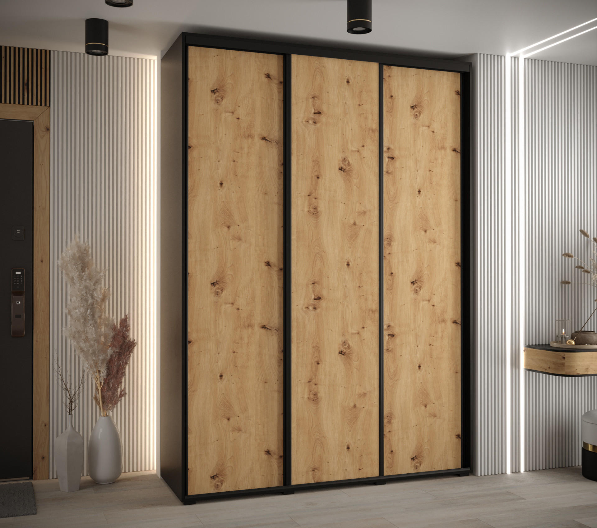 SCHWEBETÜRENSCHRANK 235,2/180/60 3-türig - Schwarz/Eiche Artisan, Holz/Metall (180/235/60cm) - Abiks Möbel