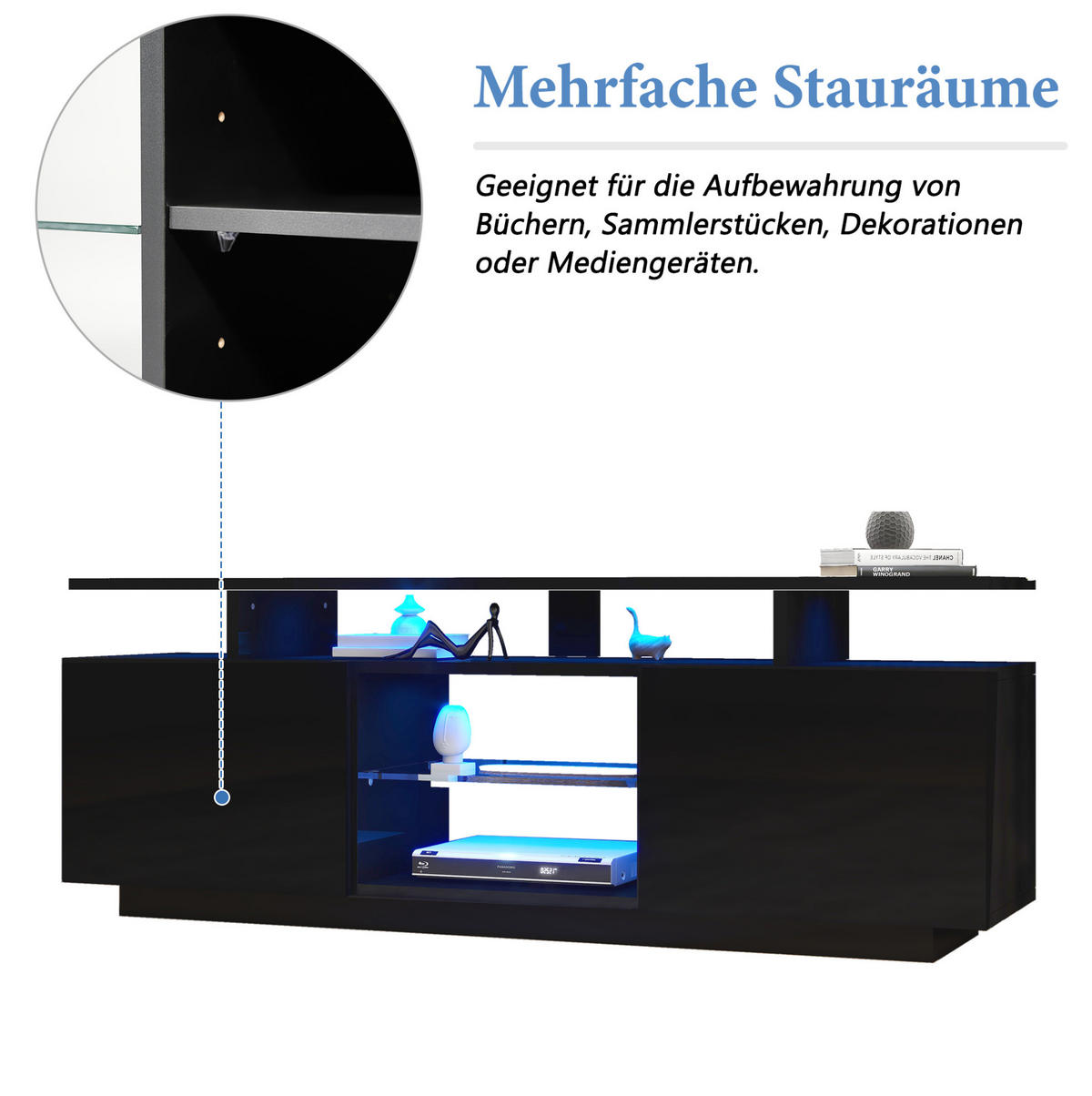 TV-LOWBOARD 140/35/55 cm mit LED-Beleuchtung und 2 Türen in Schwarz - Schwarz, Holzwerkstoff (140/55/35cm) - BEAOK