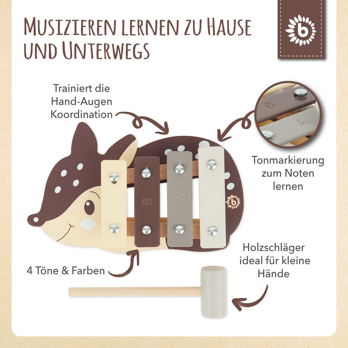 XYLOPHON Reh - ab 12 Monate - Multicolor, Holz (17/3/17.4cm) - Bieco Spielwaren