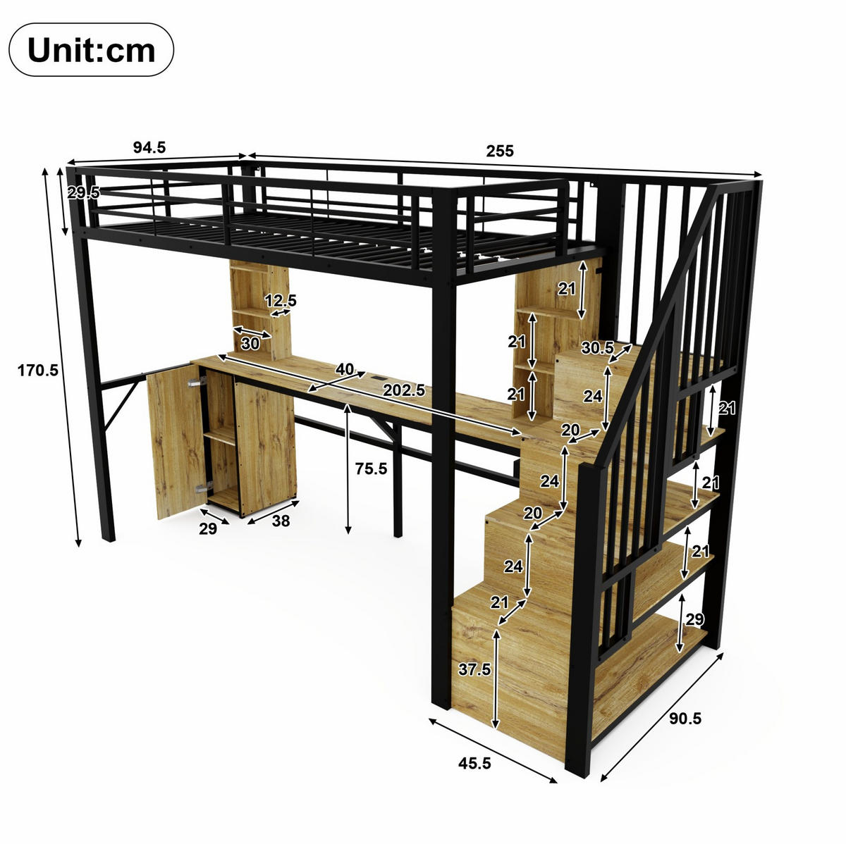 HOCHBETT Metall-Holz 90x200 cm Schwarz mit Schreibtisch, Stauraumtreppe, Schrank & USB-Anschluss - Schwarz, Metall (90/200cm) - Modfu