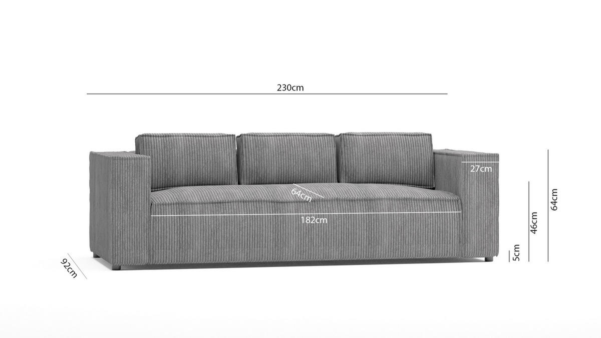 3-SITZER-SOFA Nova Hellgrau Cord - Hellgrau/Schwarz, Holz/Kunststoff (230/64/92cm) - S-Style Möbel