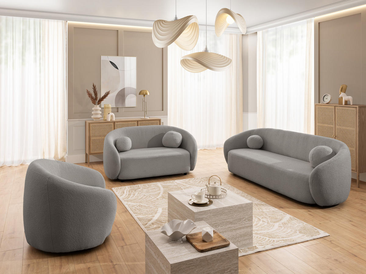 2-SITZER-SOFA Roundi Grau Bouclé - Schwarz/Grau, Holz/Kunststoff (150/76/80cm) - S-Style Möbel