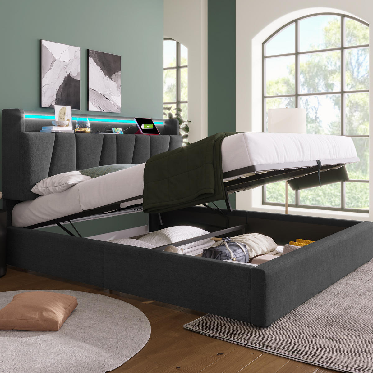 POLSTERBETT 160/200 cm mit LED-Beleuchtung, Stauraum-Kopfteil und USB in Grau - Grau, Textil (160/200cm) - BEAOK