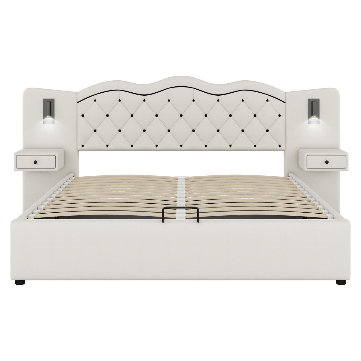 POLSTERBETT 180/200 cm beige mit integriertem Kopfteil und USB-Anschluss - Beige, Textil (180/200cm) - OKWISH