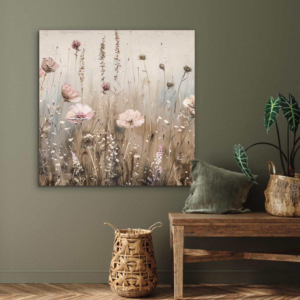 KOVOVÝ OBRAZ Kvety - Ružová - Moderné - Béžová 90x90 cm - béžová, kov (90/90cm) - MuchoWow