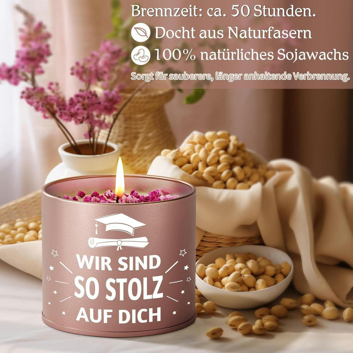 DUFTKERZE im Glas Lavendel mit Trockenblumen für Abschlussgeschenke - Rosa, Paraffin (7.5cm)